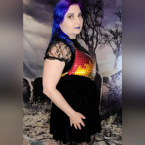 Dolls kill burn festival rave club scalemail red orange gold halter top S-XL